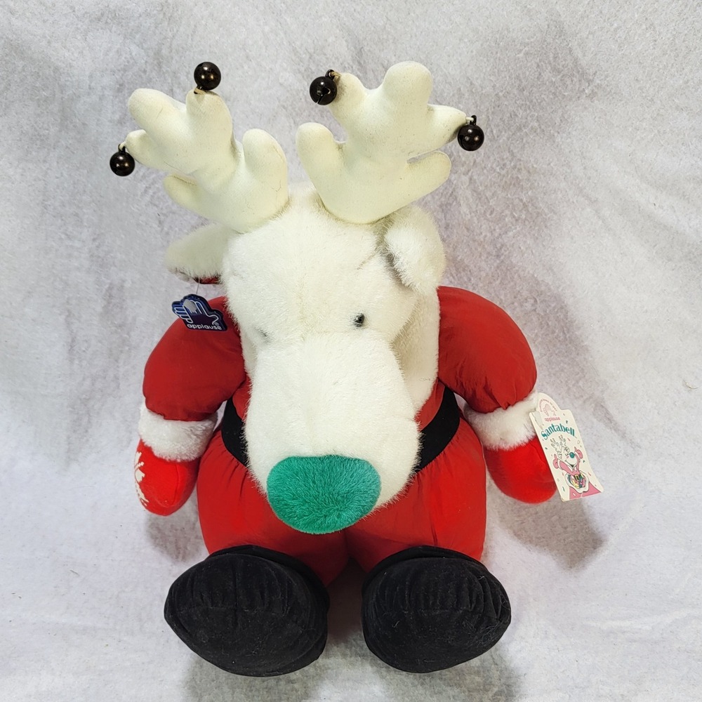 Applause Santabell Reindeer Plush Christmas White Green Nose Jingle Bells - Picture 2 of 10